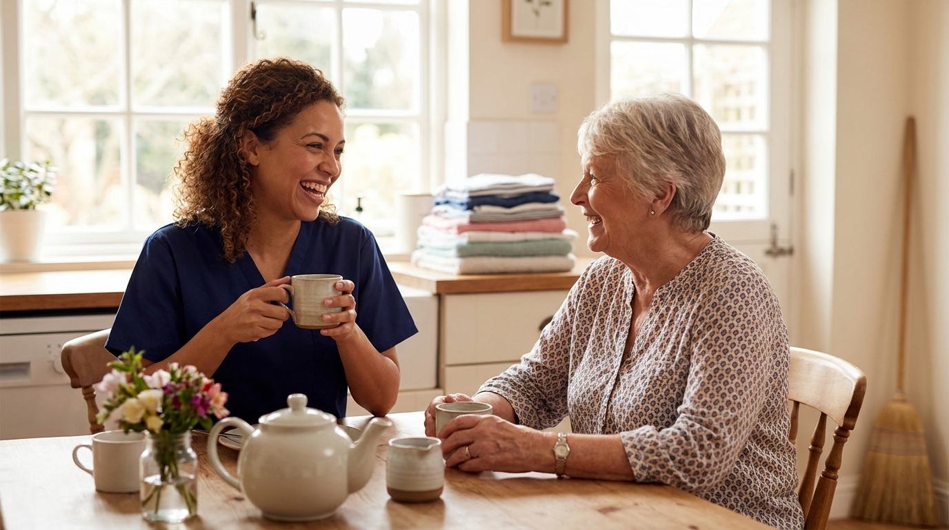 Companionship caregiver having tea with an elderly woman