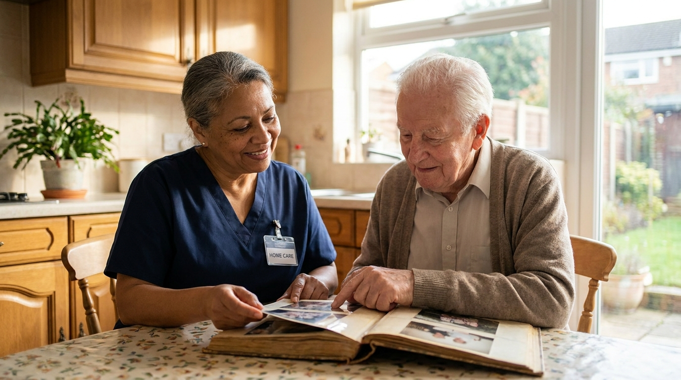 Dementia and Alzheimers in-home memory care caregiver with an elderly man