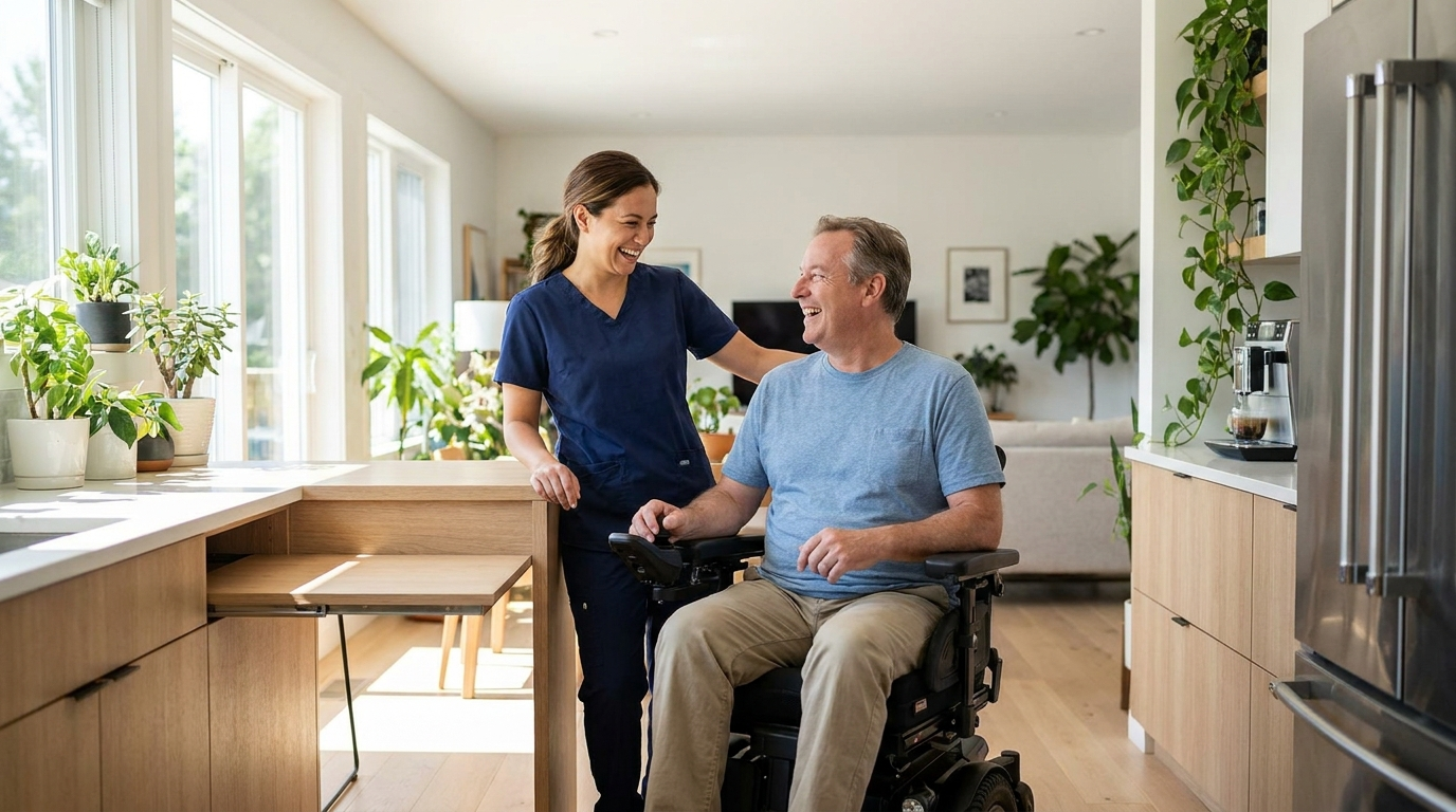 In-home disability care caregiver supporting an adult who uses a wheelchair
