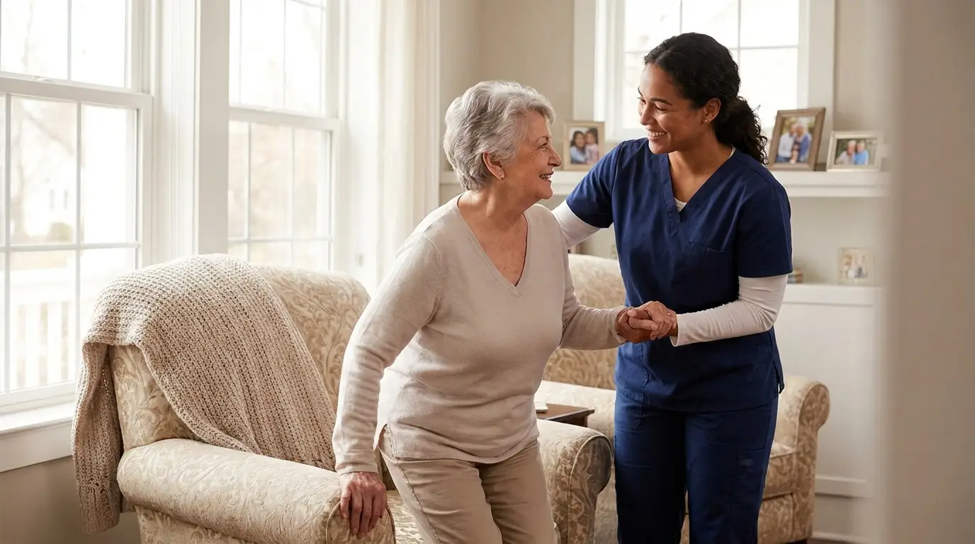 In-home personal care caregiver helping an elderly woman