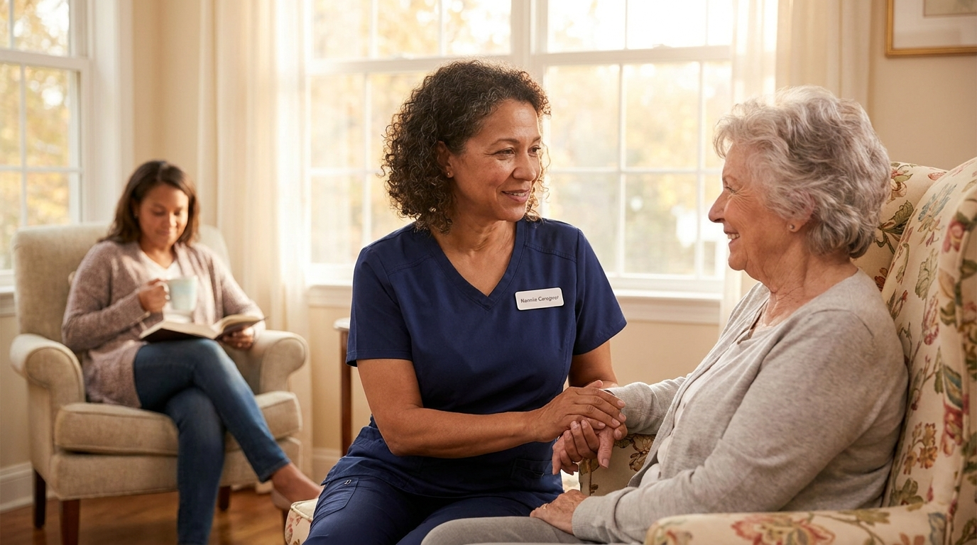 Respite home care caregiver assisting an elderly woman while family rests