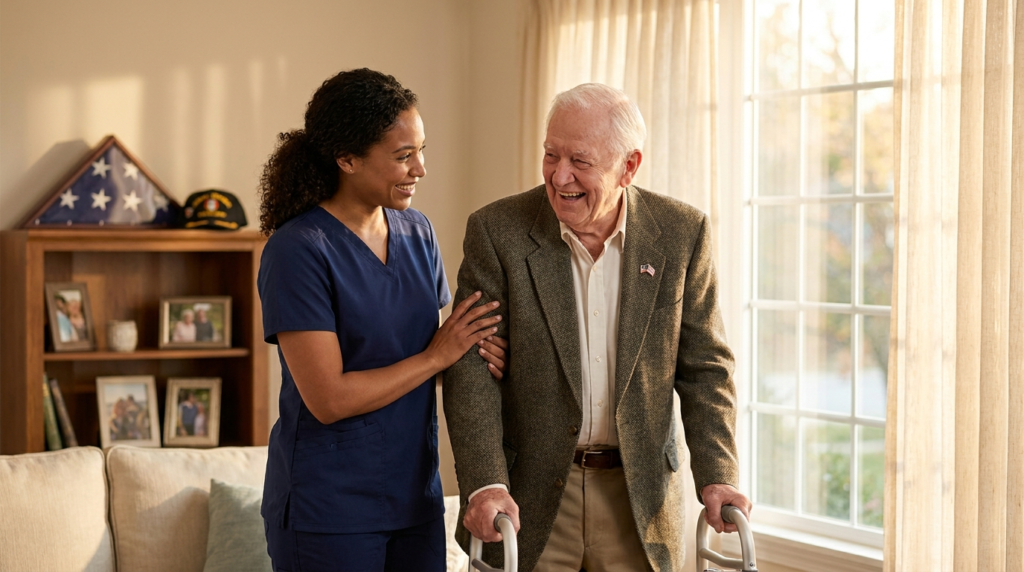 Veteran home care Premium Care Premium Care Veteran home care caregiver assisting an elderly military veteran at home