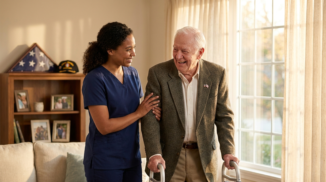 Veteran home care caregiver assisting an elderly military veteran